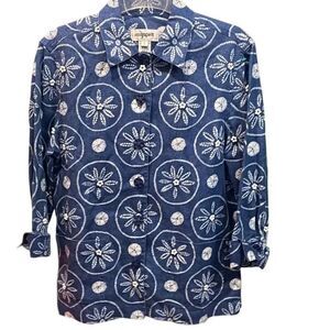 EASYSPIRIT Women’s Linen Button Up Short Sleeve  Shirt Sz Small Blue Beach